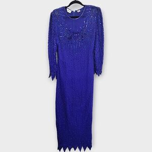VTG Denise Elle Formal Gown‎ Sz Medium Blue Silk Beaded 80s Maxi Mermaid Glam